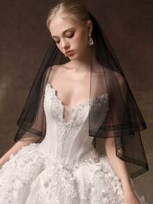 Vintage Black Double Layer Veil, Satin Trim Short Veil, Halloween Gothic Style Wedding Photo Headpiece - Multicolor - View 1