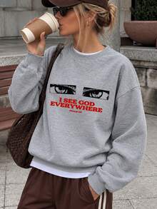 Women's Autumn/Winter New Minimalist INS Letter Print Casual Crew Neck Fashion Versatile Sweatshirt - Dark Gray - View 1