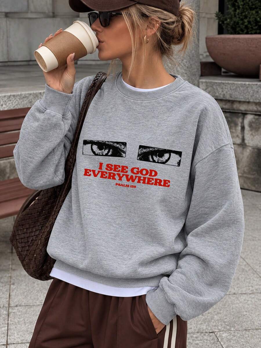 Women's Autumn/Winter New Minimalist INS Letter Print Casual Crew Neck Fashion Versatile Sweatshirt - Dark Gray - View 1