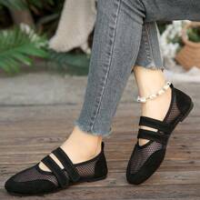 Women's Square Toe Mesh Flat Mary Jane Shoes, Double Strap Design, French Gentle Style, Breathable Spring Summer Daily Wear - Black - View 3