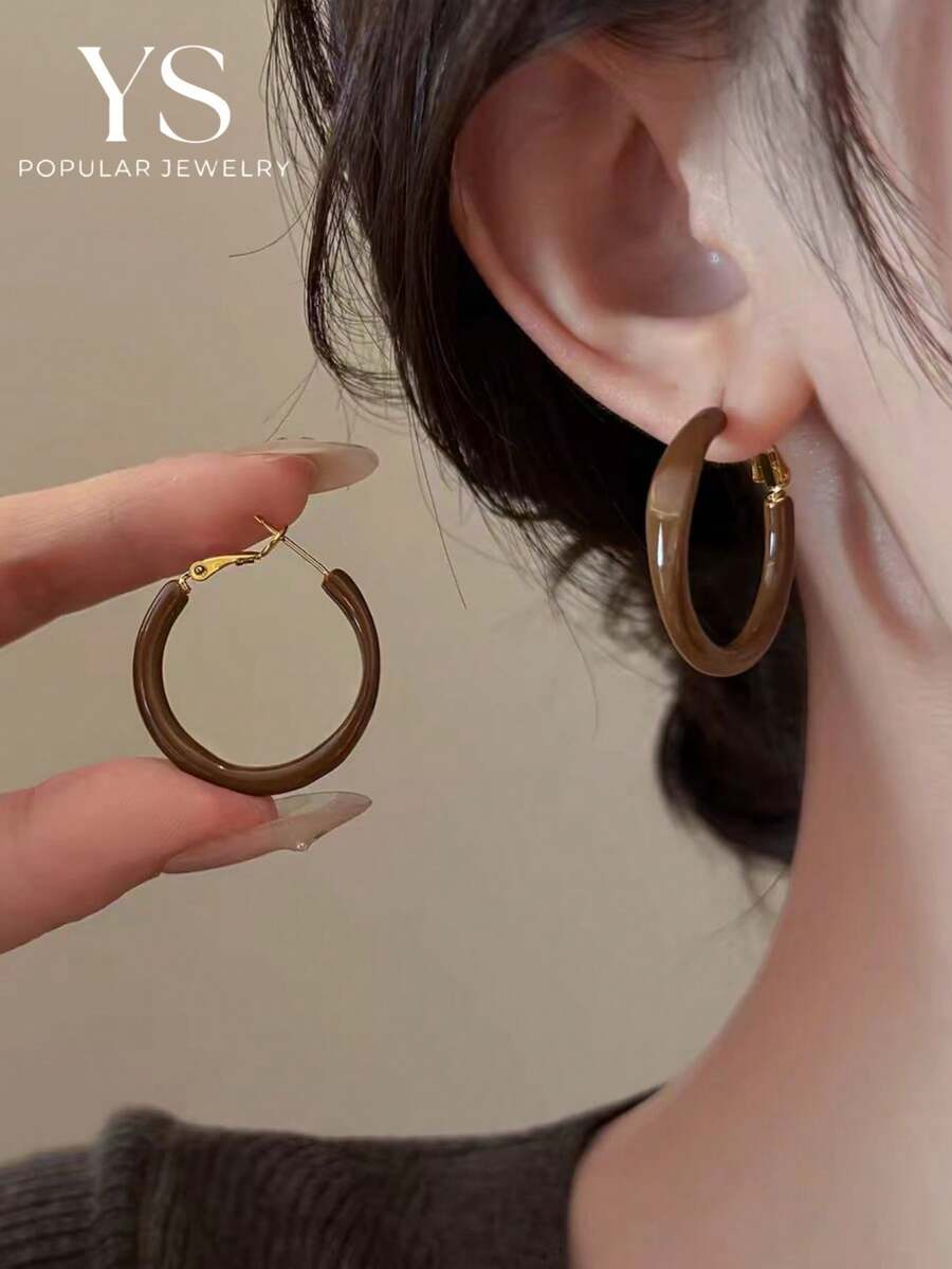 1對奢華復古咖啡色調琺瑯潑墨大耳環，高端誇張大尺寸女款耳圈，秋冬新品上市