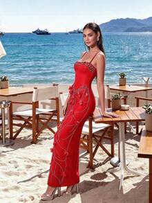 Women's Elegant Spaghetti Strap High Waist Beaded Rhinestone Petal Bandage Dress - Red - View 2