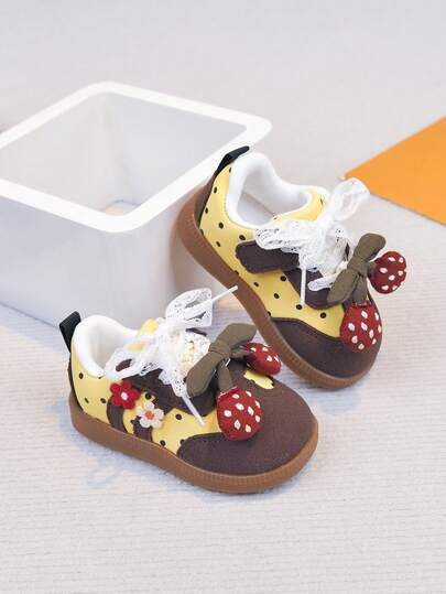 Infant Girl Casual Shoes 3D Strawberry Decor Lace Bow Knot Embellishment Infant Toddler Hook-And-Loop Shoes