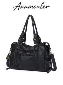 New Women's Handbag, Washed Fabric Tote Bag, Large Capacity, Perfect For Back To School, College, High School, Workplace - Black - View 1
