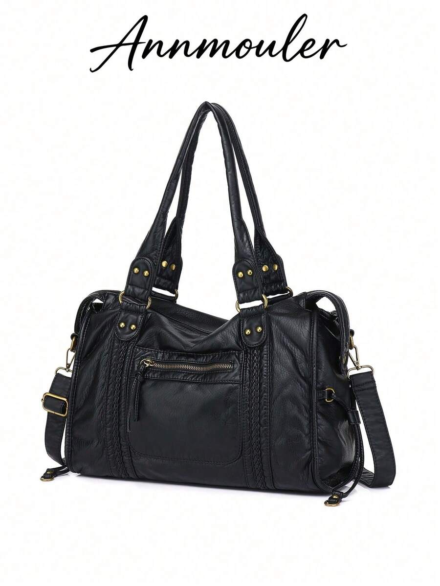 New Women's Handbag, Washed Fabric Tote Bag, Large Capacity, Perfect For Back To School, College, High School, Workplace - Black - View 1