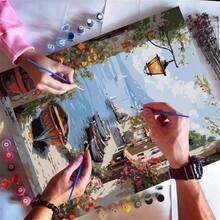 1pc Digital Oil Painting, Small Town Seaside Landscape, Adult Digital Oil Painting, Canvas Material, Home Decor Art DIY Gift, 40x50cm/16x20in, Frame Not Included - Sets - View 4