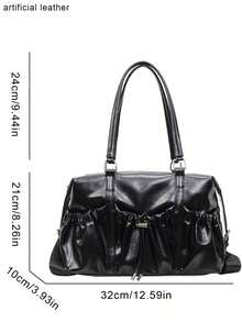 American Vintage Large Capacity Tote Bag With Ruched Drawstring Detail And Metal Hardware, Shoulder Or Crossbody Women's Bag, Fashionable Daily Work And Travel Outfit Accessory - Black - View 6