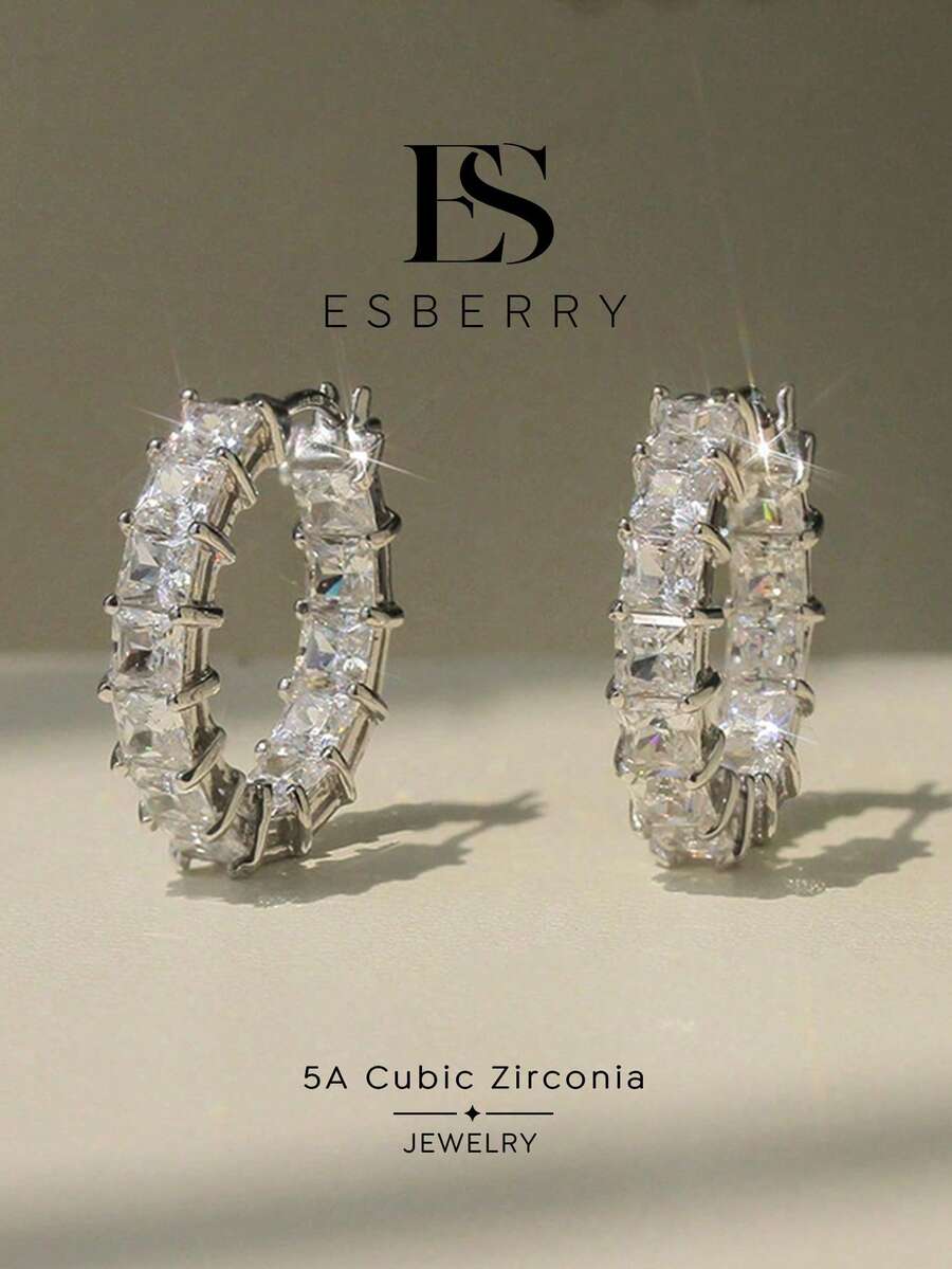 ESBERRY 1對女款立方鋯石耳釘，極簡時尚環狀耳環，迷人獨特設計，適合日常配戴，生日禮物