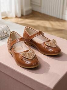1 Pair Girls Brown Mary Jane Flat Shoes, Suitable For Spring Summer Autumn Winter Seasons, Decorated With Glitter And Heart Elements, Adjustable Hook & Loop Closure, Soft Sole, Princess Style, Suitable For School, Party, Daily Life, Play And Other Occasions - Brown - View 2