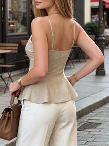 DONICY Women's Beige Lace Trim V-Neck Ruffle Camisole Fitted Casual Date Outfit - Apricot - View 11