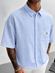 GloMan Old Money Style Men's Blue & White Striped Textured Patchwork Logo Button Loose Short Sleeve Shirt, Suitable For Autumn Family Gatherings, Office Commute, Golf, Gift For Husband/Father - Blue and White - View 3