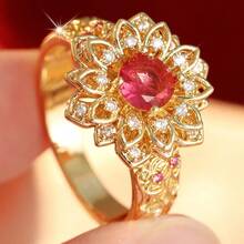 Women Vintage Hollow Flower Ring, Multi-Layer Petals Inlaid With Red Synthetic Zirconia, Intricately Carved Band, Exquisite Statement Jewelry For Banque - Multicolor - View 8