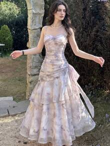 Women's Spaghetti Strap Butterfly Print Long Dress Elegant Romantic Fairycore Tiered Ruffle Wedding Guest Prom Gown Outfit Evening Party Slim Dresses - Mauve Purple - View 7