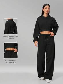 MFVIM Women's Autumn/Winter New Short Zip-Up Hoodie + Sweatpants 2pcs Versatile Sports Casual Set - Premium Black - View 3