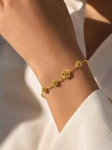 VceTd 1PC Fashion Romantic Stainless Steel Chain Bracelet With Rose Pendant Decor, Suitable For Women's Daily Wear, Date, Vacation Or Gift Giving - Yellow Gold - View 1