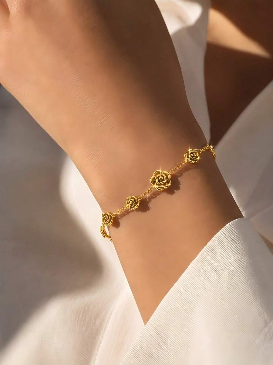 VceTd 1PC Fashion Romantic Stainless Steel Chain Bracelet With Rose Pendant Decor, Suitable For Women's Daily Wear, Date, Vacation Or Gift Giving - Yellow Gold - View 1