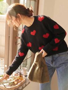 Knit Mix 優雅女款秋冬時尚法式簡約日常居家休閒寬鬆針織紅色愛心圖案圓領長袖套頭毛衣上衣 - 黑色 - 查看 1