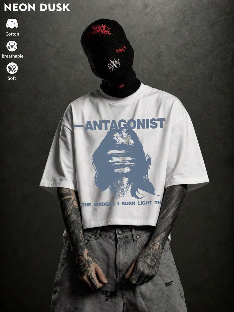 1pc Men's Oversized T-Shirt, Gothic "Opponent" Graphic Print, Y2K Hip-Hop Breathable Short Sleeve Streetwear T-Shirt - White - View 1