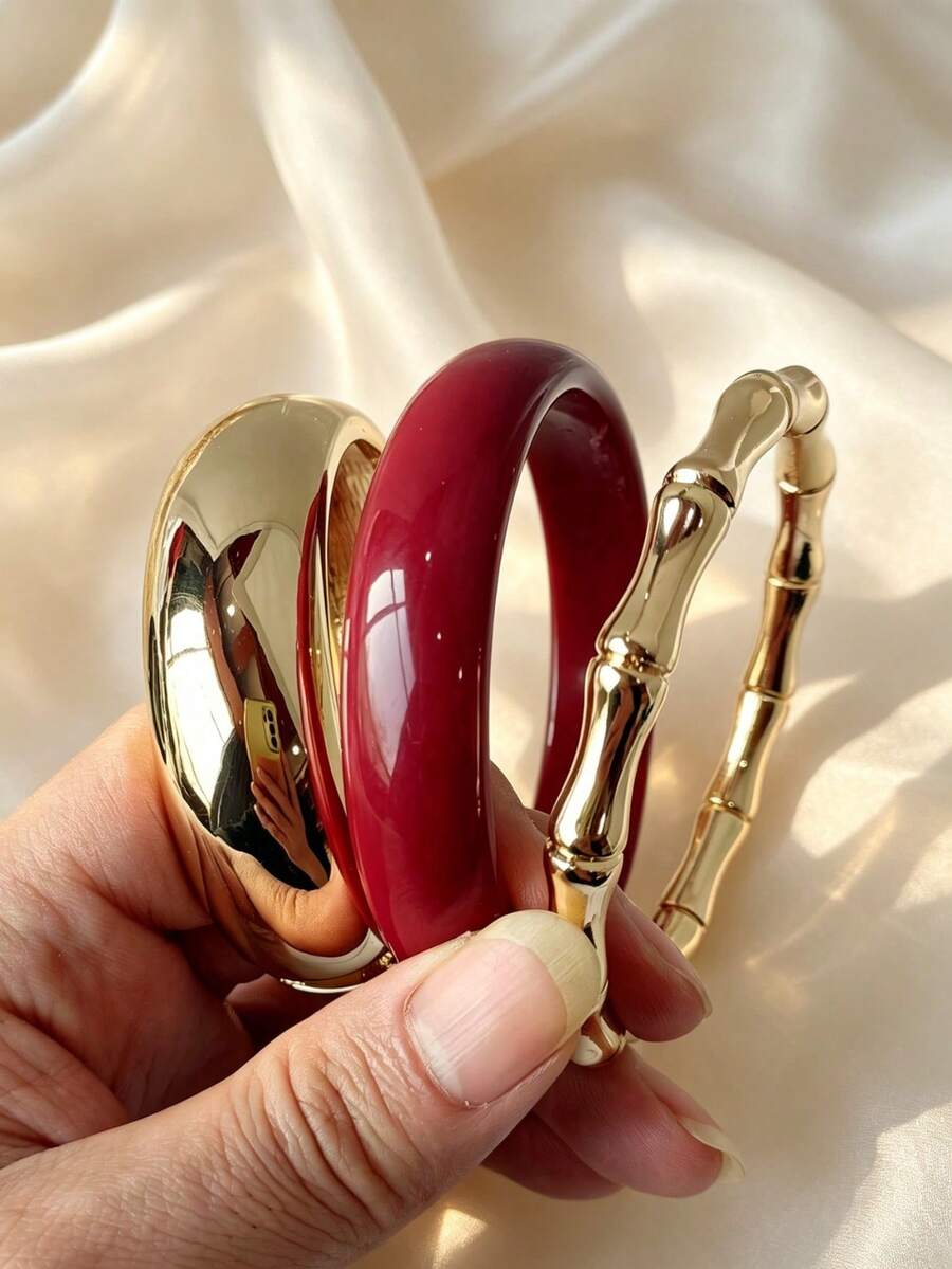 3pcs/Set Fashion Vintage Thick Multicolor Asymmetrical Acrylic Bracelet Set, Suitable For Women, Daily Wear, Gift For Friends And Family - Multicolor - View 1