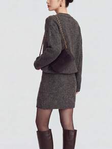 Women's Autumn/Winter Minimalist Pocket Design Crew Neck Pullover & Skirt Sweater 2 Pieces Set - Dark Grey - View 2