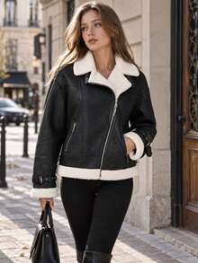 Women's Faux Leather Shearling Trim Biker Jacket, Zip Front Long Sleeve Aviator Jacket - Black - View 2