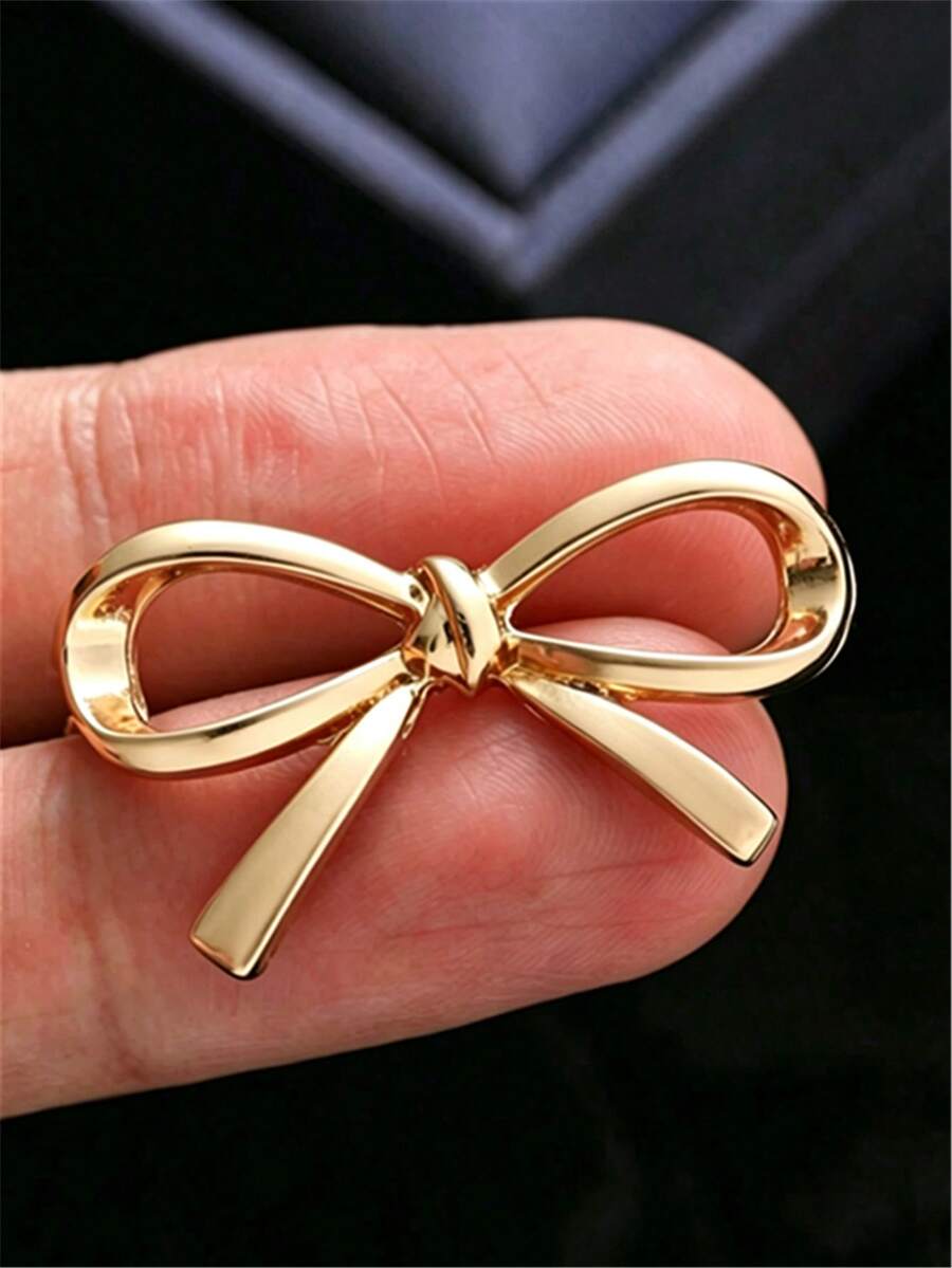 1pc/2pcs/4pcs European And American New Metal Bow Brooch, Unique Design Niche Accessory, Anti-Exposure Buckle V-Neck Pin, Versatile - Gold - View 1