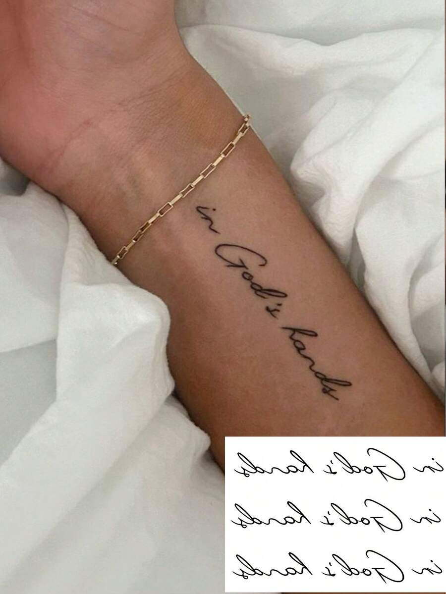 1 Sheet Cursive Quote Wrist Temporary Tattoo Stickers, Thin Handwritten Script "In God's Hands" Fake Tattoos, Minimal Faith Inspirational Body Art For Women, Waterproof Wrist Decor - Black - View 1