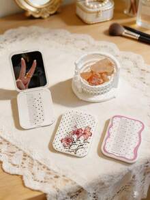 Polka Dot Lace Portable Mirror & Comb Set, Mini Portable Makeup Mirror With Small Comb Set, Women's Pocket Touch-Up Mirror, Desktop Makeup Mirror, Rectangular Desktop Portable Folding Mirror - Multicolor - View 1