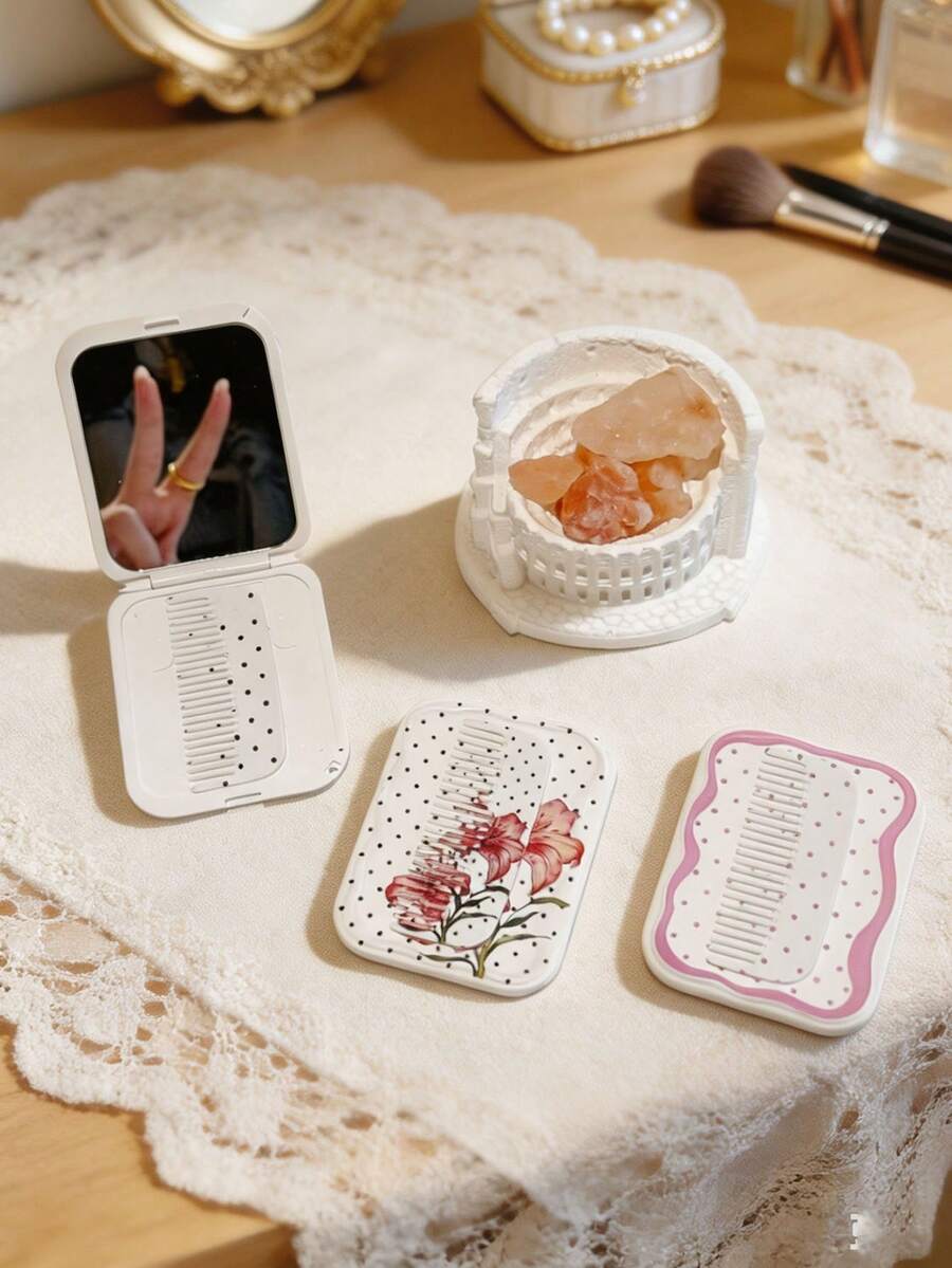 Polka Dot Lace Portable Mirror & Comb Set, Mini Portable Makeup Mirror With Small Comb Set, Women's Pocket Touch-Up Mirror, Desktop Makeup Mirror, Rectangular Desktop Portable Folding Mirror - Multicolor - View 1