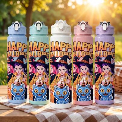 KPop Demon Hunters 1pc/5 Colors K-POP Girl Group Style Anti-Spill Flip Lid Sports Water Bottle, Back To School Essential, Portable Fashion Design, 750ml-27oz Travel Cup With Strap, Straw And Lid, Cute Design, High Quality, Leak-Proof, Shock-Proof, Durable Outdoor Sports Water Cup, Large Capacity Portable Cup, Suitable For Short Trips, Hiking, Picnic, Running, Fitness, Mother's Day