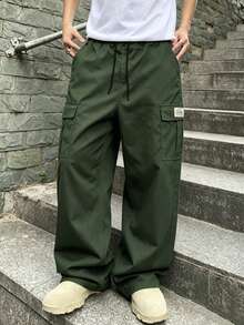 Men's Loose Straight Leg Cargo Pants, Classic Street Style Essential, Side Large Pockets And Mini Label Decoration, Suitable For Vacation And Daily Street Wear - Army Green - View 4