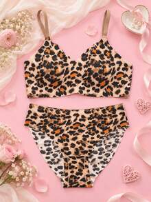 Women Plus Size Leopard Print Wireless Bra Set Animal Pattern Adjustable Spaghetti Strap Hollow Out Detail Removable Padding Soft Bra & Panty Set Loungewear - Brown - View 6