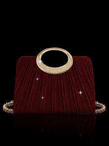 This Gold Herringbone Patterned Clutch Bag Is Adorned With Sparkling Rhinestones, Making It A Luxurious And Glamorous Formal Evening Bag. It Comes With A Sparkling Rhinestone Three Pieces Set, Including A Rhinestone Pendant Necklace, Earrings, And Bracelet, Making It A Perfect Gift For Evening Parties, Parties, Birthdays, Weddings, And Other Occasions. - Burgundy - View 2