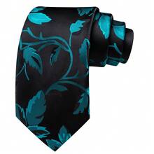 5Pcs Men Teal Plant Jacquard Tie Pocket Square Cufflinks Tie Clip Ring Set, Cufflinks Pattern Random For Wedding Business Party - Teal Blue - View 4