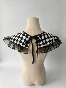 1 Set Black White Checkered Detachable False Collar And Mesh Hand Sleeves Set With Pumpkin Patch For Halloween Clown Cosplay Costume Party Accessory - A - View 10