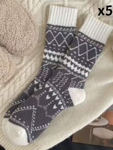 5 Pairs Women's Winter Thick Warm Socks, Rhombus Pattern Mid-Calf Cold-Proof Soft Comfortable Outdoor Knitted Socks - Multicolor - View 13
