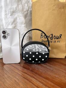 Cute Polka Dot Lace Mini Handbag, Girly Style Oval Small Tote Bag, Earphone And Lipstick Storage Bag, Suitable For Daily Use - A - View 3