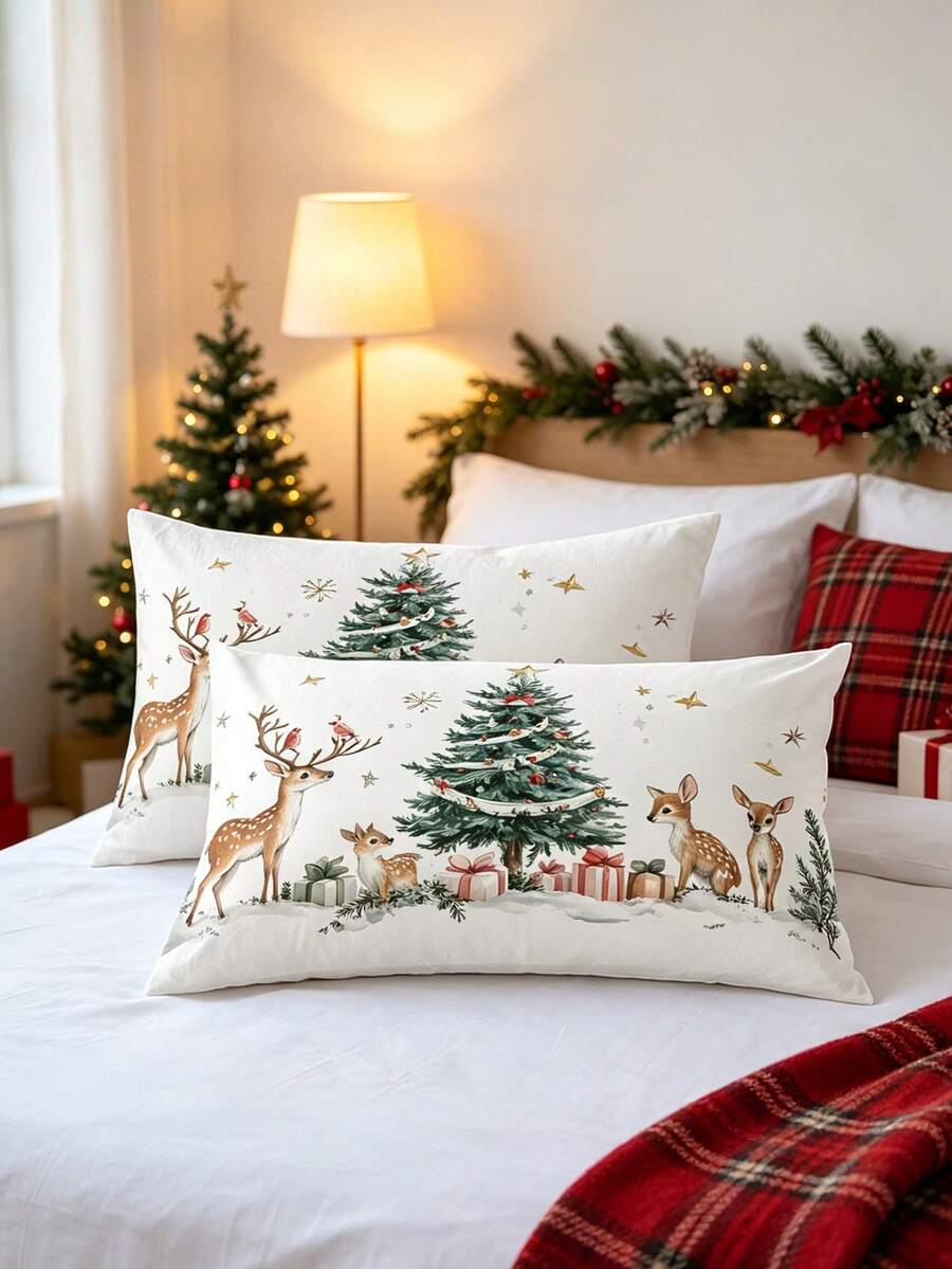 1pc Christmas Pillowcase, 100% Polyester Digital Print Throw Pillow Cover Without Filler, Christmas Home Decor - Multicolor - View 1