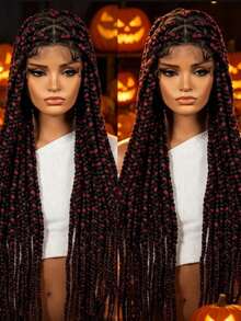 32 Inch Front Lace Synthetic Wig, Women's Fashion Braided Wig, High Density, Full Lace Area, Heat Resistant Synthetic Wig, Soft And Comfortable, Suitable For Daily Wear, Colorful Gradient Braided Women's Synthetic Wig Halloween, Cosplay - Piano Color - View 2