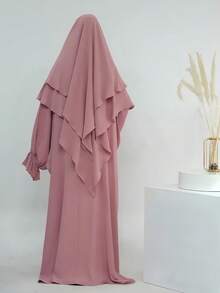 Solid Light Gray Textured Loose Khimars Robe Set, Ruffle Flare Sleeve Elegant Jilbab Long Dress, Muslim Women Casual Islamic Prayer Outfit - Multicolor - View 3