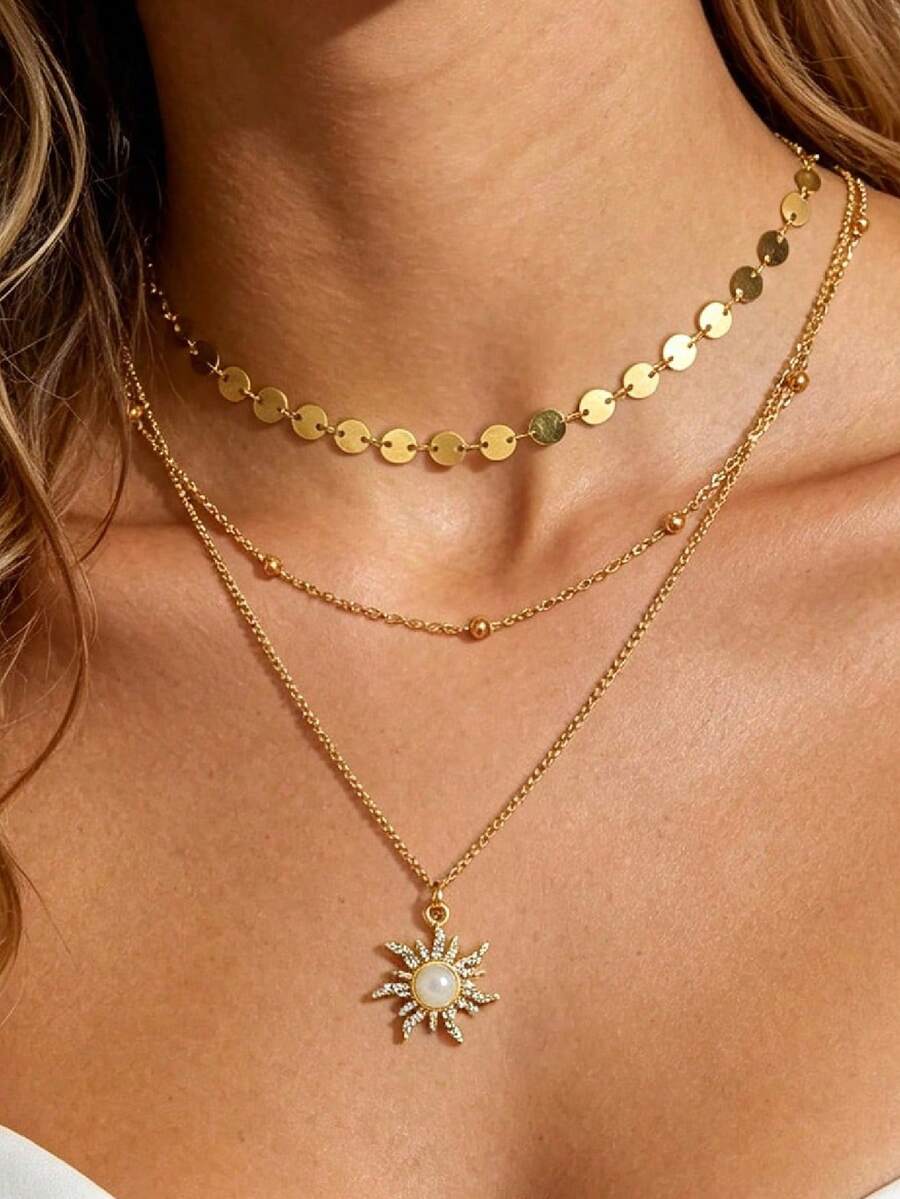 3pcs Set Exquisite Sun Pendant Necklace With Disc And Bead Chain, Multi-Layer Wearable Women's Daily Fashion Jewelry (Bead Quantity Random) - Gold - View 1