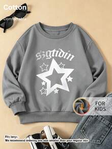 Kids Crew Neck Sweatshirt, Gothic Letter Star Graphic Print Fleece Lined Pullover For Kids - Grey - View 1