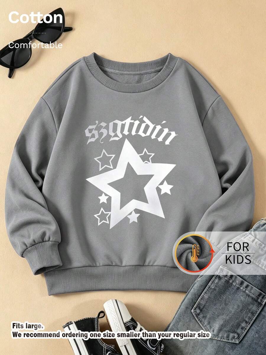 Kids Crew Neck Sweatshirt, Gothic Letter Star Graphic Print Fleece Lined Pullover For Kids - Grey - View 1