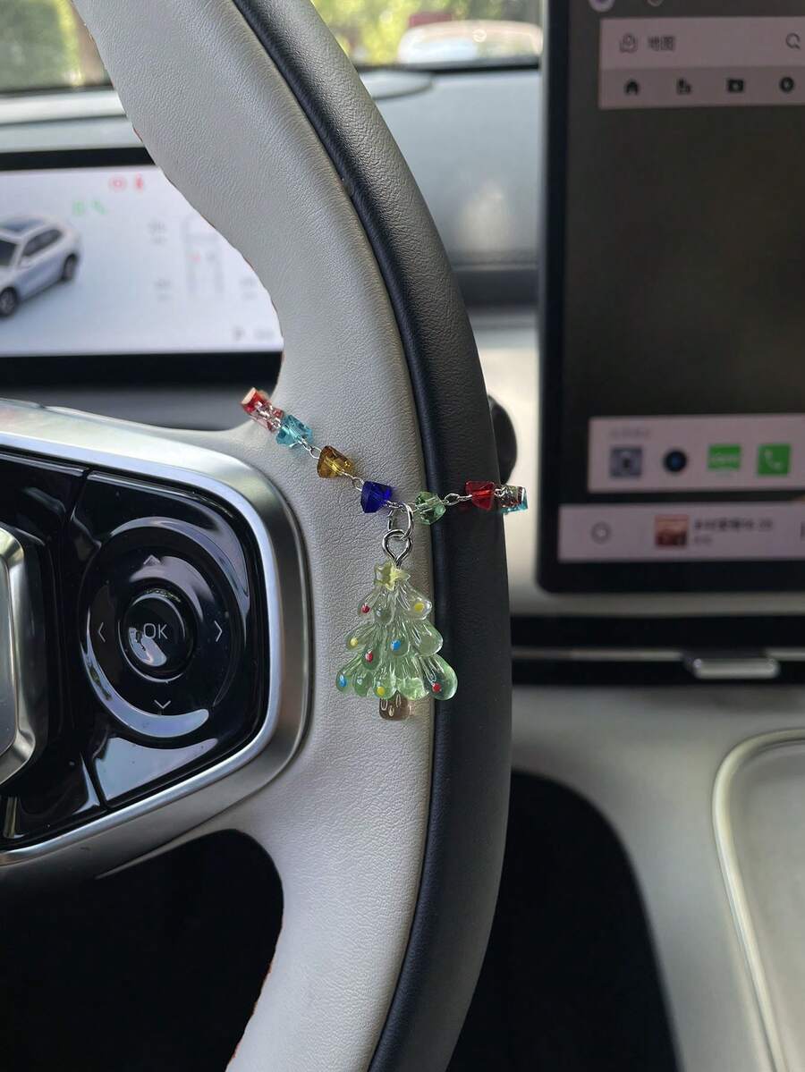 1pc Christmas Tree Car Steering Wheel Hanging Chain, Colorful Crystal Beads Paired With Transparent Glass Christmas Tree Pendant, Exquisite And Compact, Strong Glossy Feel, Fresh Healing Style Car Interior Decoration Ornament, Full Festive Atmosphere, Personalized Creative Car Accessory, Suitable For Personal Use Or Gift Giving - A - View 1
