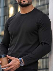 Men's Spring/Autumn Fashion Versatile Minimalist Vertical Stripe English Print Casual Crew Neck Long Sleeve T-Shirt - Black - View 4