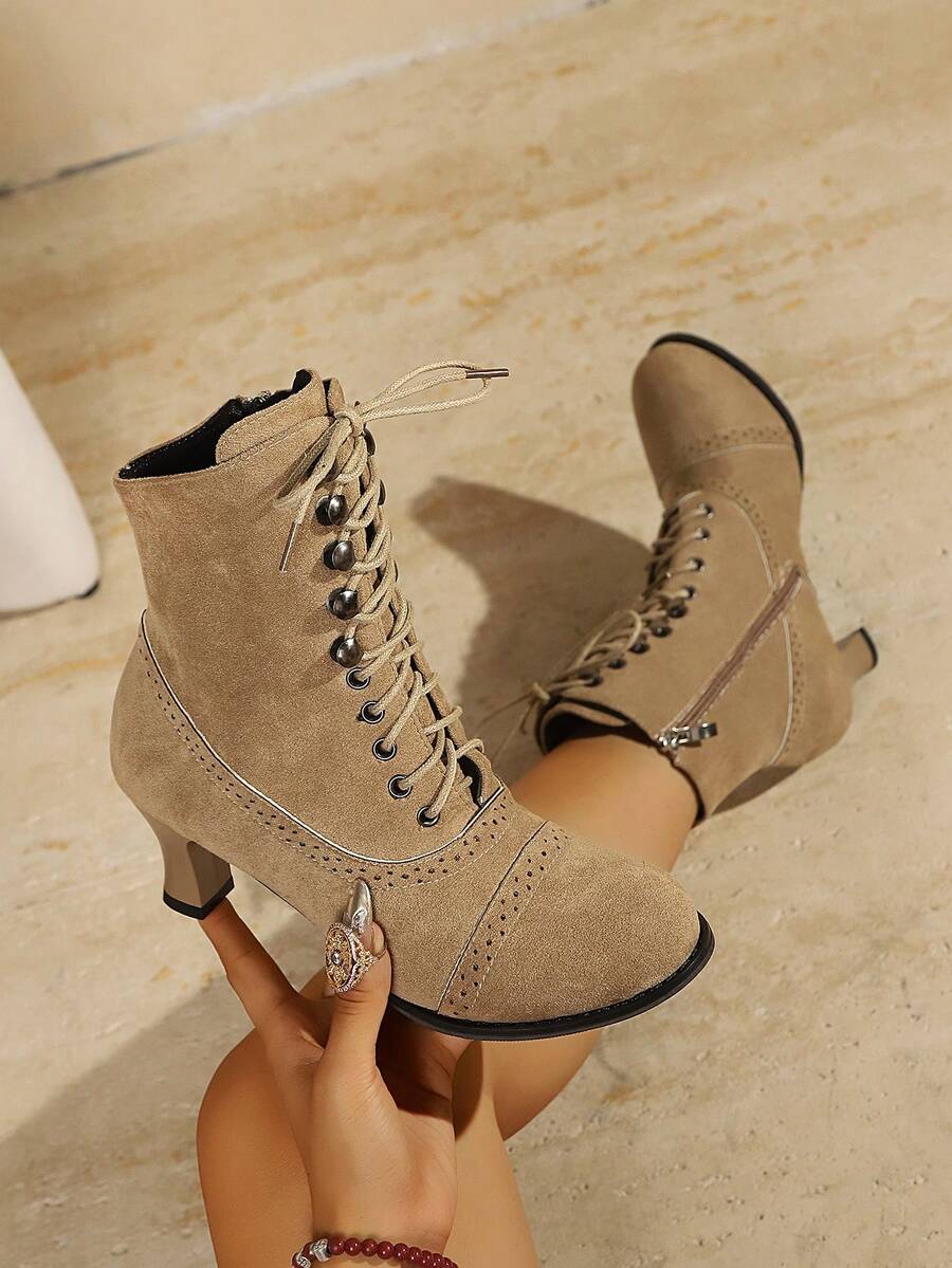 Women's Fashion Boots, Breathable Studded Chunky Heel Lace-Up Side Zipper Motorcycle Boots