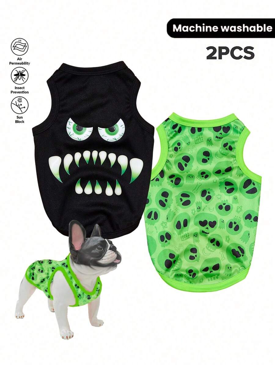 LUCKIE PAW 2pcs Halloween Monster Ghost Face Skull Print Funny Pattern Pet Vest Suitable For Large & Small Dogs Cats Indoor Outdoor - Multicolor - View 1