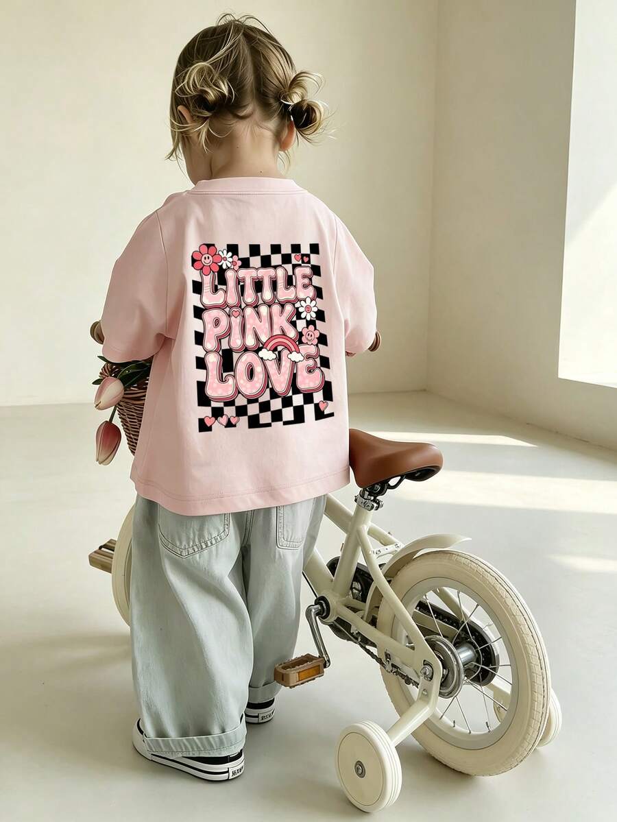 Baby Girls Plaid Graffiti & Letter Print Cute Girl Graphic Round Neck Short Sleeve Top - Pink - View 1