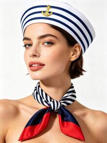 5pcs/2pcs/1pc Unisex Classic White Sailor Hat With Blue Stripes, Sailor Hat Set, Navy Style Hat, Ocean Theme Party Sailor Hat + Scarf Set, Vintage Navy Style Stage Performance Prop - Multicolor - View 6