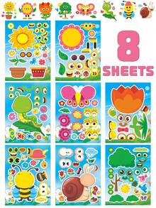 8 Sheets Make A Face Stickers, Kids DIY Puzzle Face Stickers, Parent-Child Interactive Educational Stickers, Cartoon Insect Sunflower Snail Bee Caterpillar Butterfly Flower Tree Mix And Match Craft Stickers For Party Favors Classroom Art Activities - Multicolor - View 13
